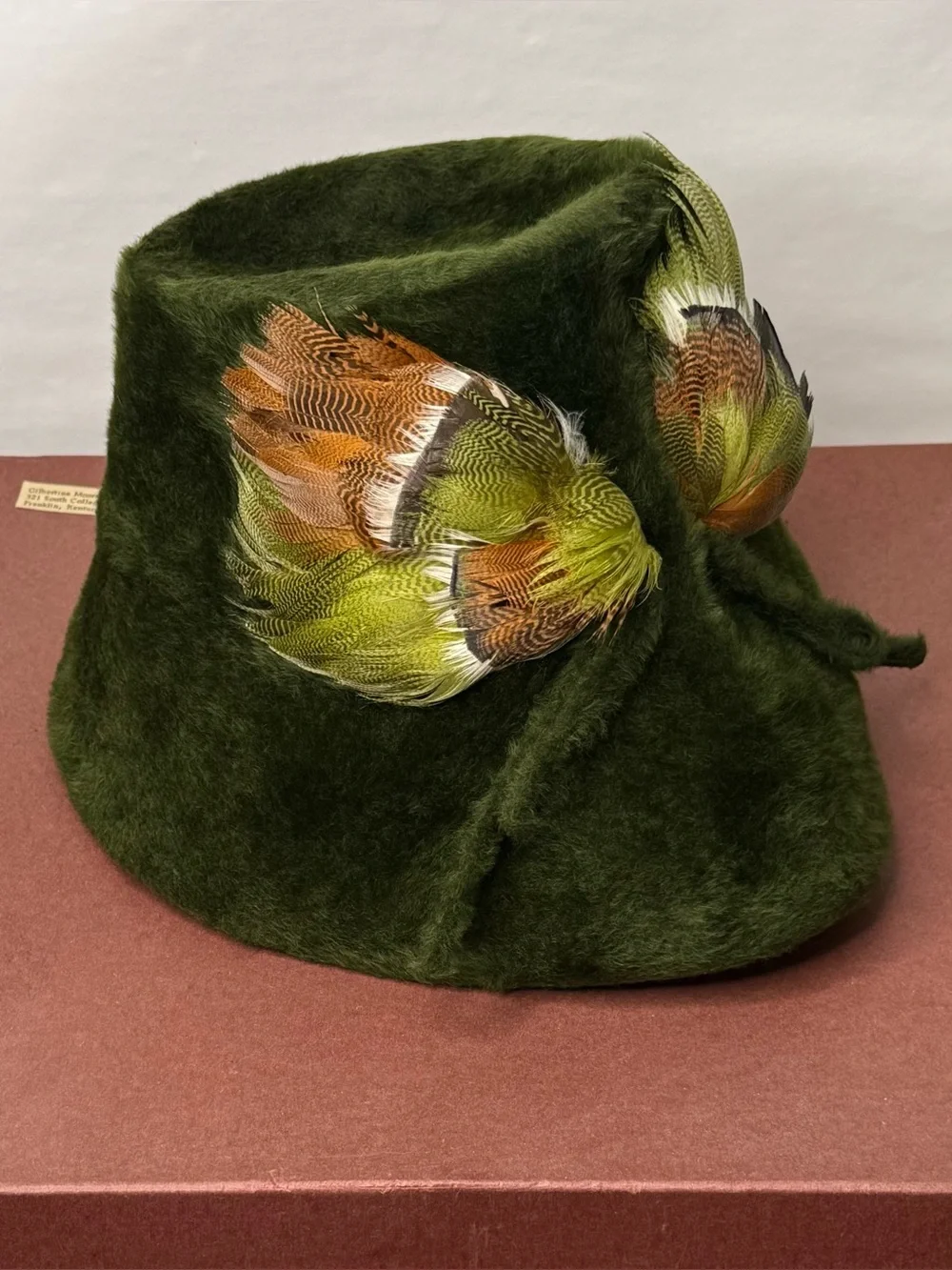 Vintage 1960s Italy Fur Felt Bucket Hat Pheasant Feather Green Cain Sloan Boxed